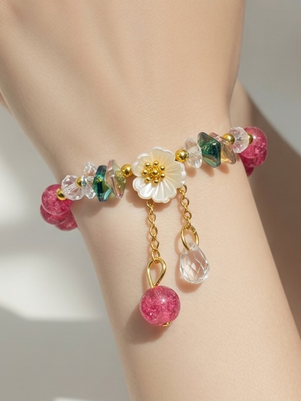 Hot Pink Blossom Bracelet Barbiecore Crackle Glass Gold Dangle Stretch Gift